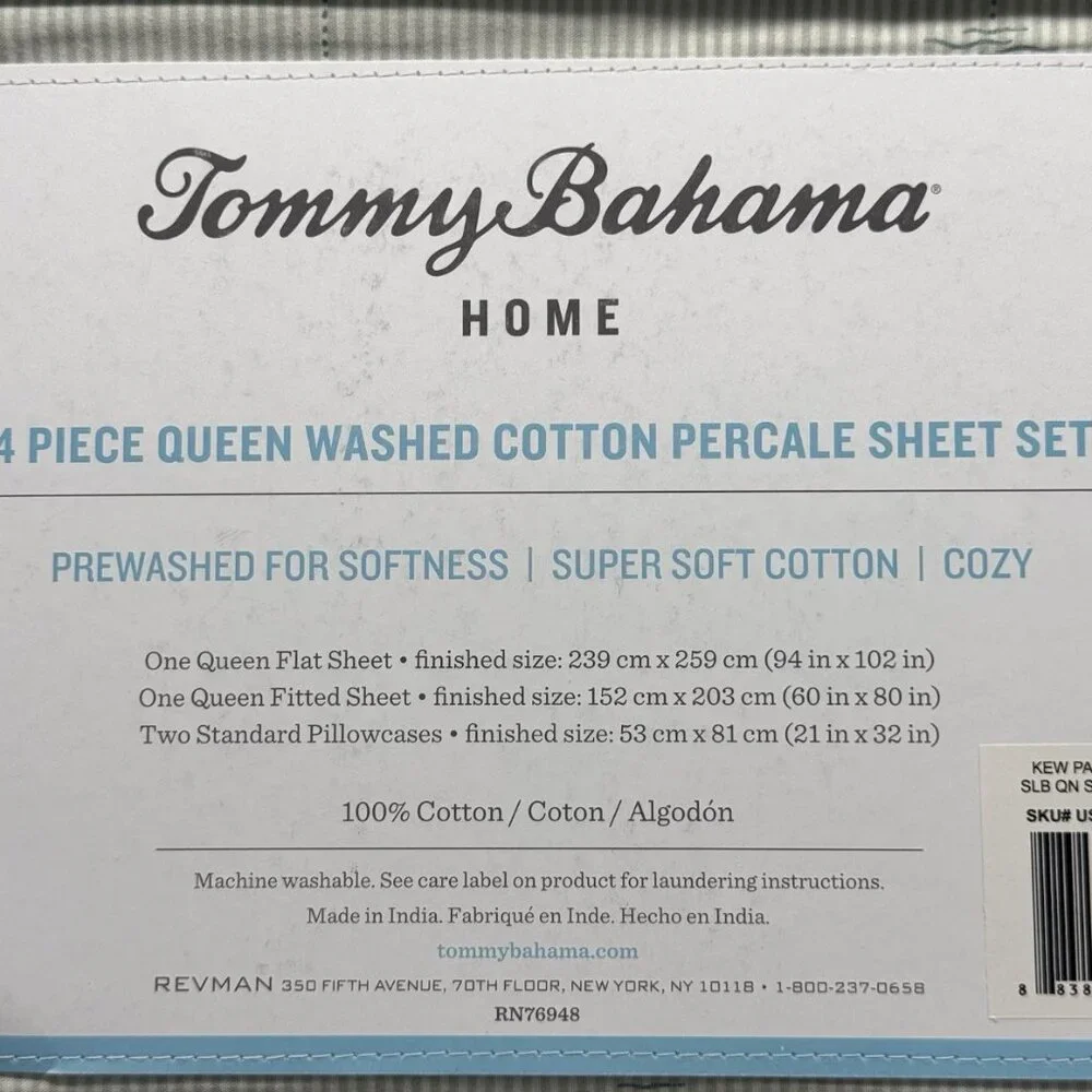 4pc Tommy Bahama KEW PALMS Trees Stripe QUEEN Sheet Set Tropical Cotton Percale